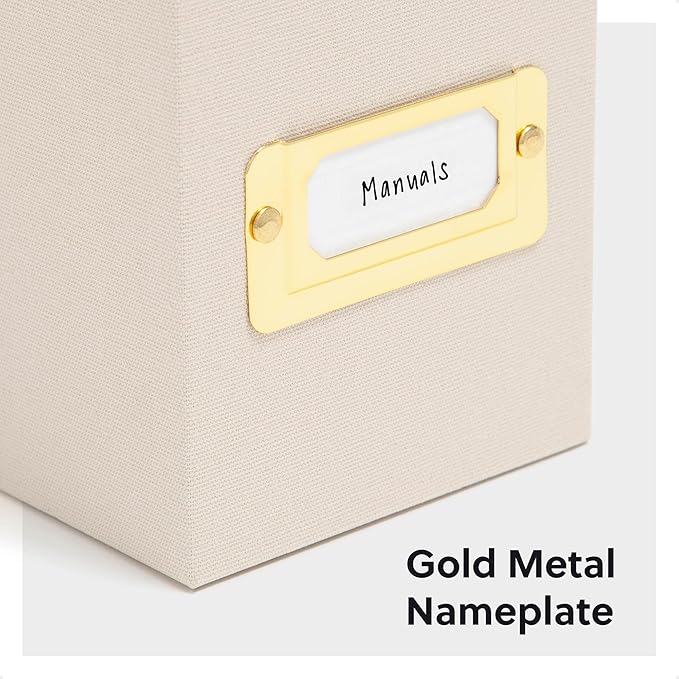 SMEAD Flip Top File Box, 10" x 3.7" x 13", Beige Natural Linen, Gold Metal Nameplate (70232)