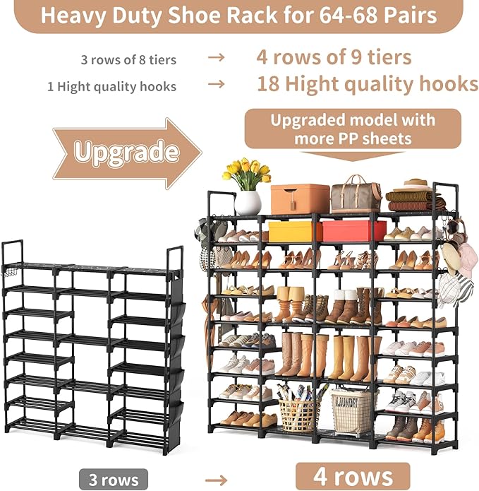 ROJASOP Large Shoe Rack Organizer for Entryway Closet 64-68 Pairs 9-Tier Heavy Duty Tall Garage Shoe Rack Shoe Shelf Shoes St
