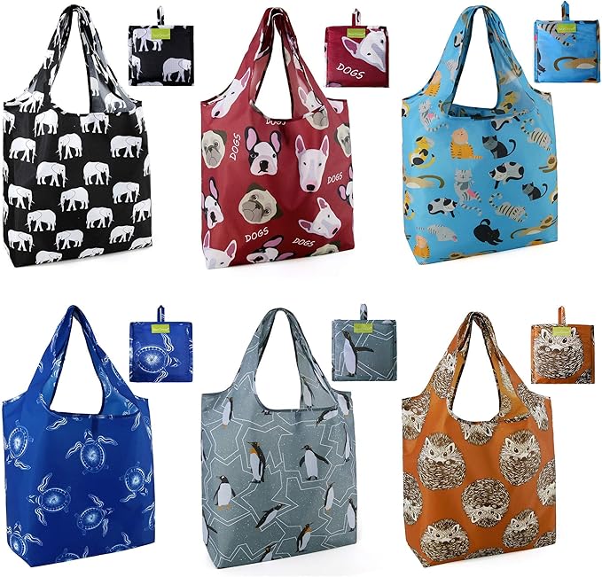 BeeGreen Heavy Duty Bulk Large Reusable Grocery Bags 6 Pack - Foldable Sturdy Recycled Cloth Animal Print Shopping Totes with Handles -Reusable Gifts Bags for Groceries, Travel, Storage & Women