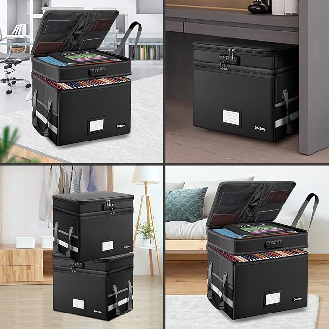 DocSafe File Box with Lock,Multi-Layer Fireproof Document Box Collapsible File Storage Organizer with Pockets/Handle,Large Po