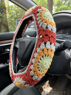Crochet Sunflower Car Steering Wheel Covers Orange Universal 14-15 inch for Women/Men (Steering Wheel Cover)