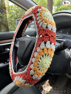 Crochet Sunflower Car Steering Wheel Covers Orange Universal 14-15 inch for Women/Men (Steering Wheel Cover)