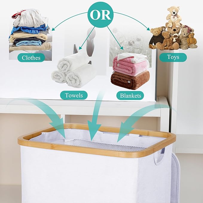 iEGrow 110L Laundry Hamper with Lid，Dirty Clothes Hampers for Laundry,Laundry Basket with Bamboo Handles and Removable Bag,Ha