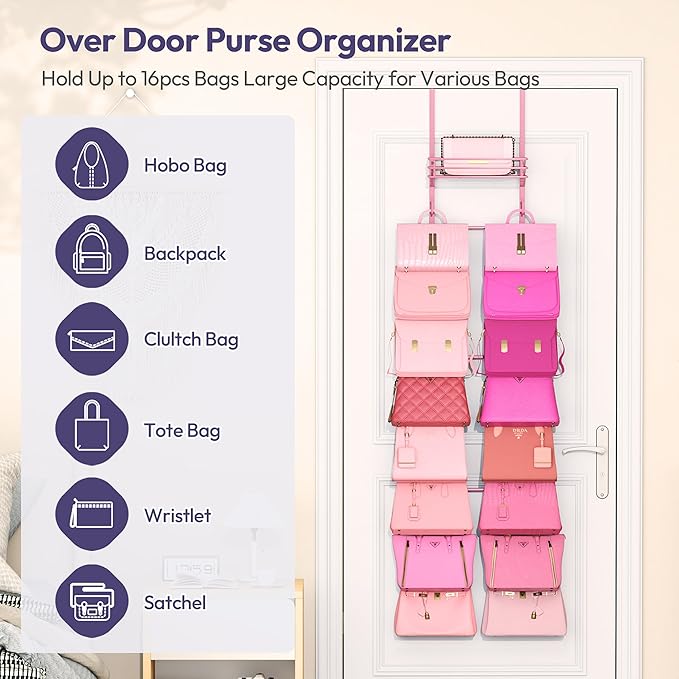 SWTYMIKI Over The Door Purse Organizer - Wall Mounted Handbag Organizer with 16 Hooks and Metal Basket, Hanging Purse Storage