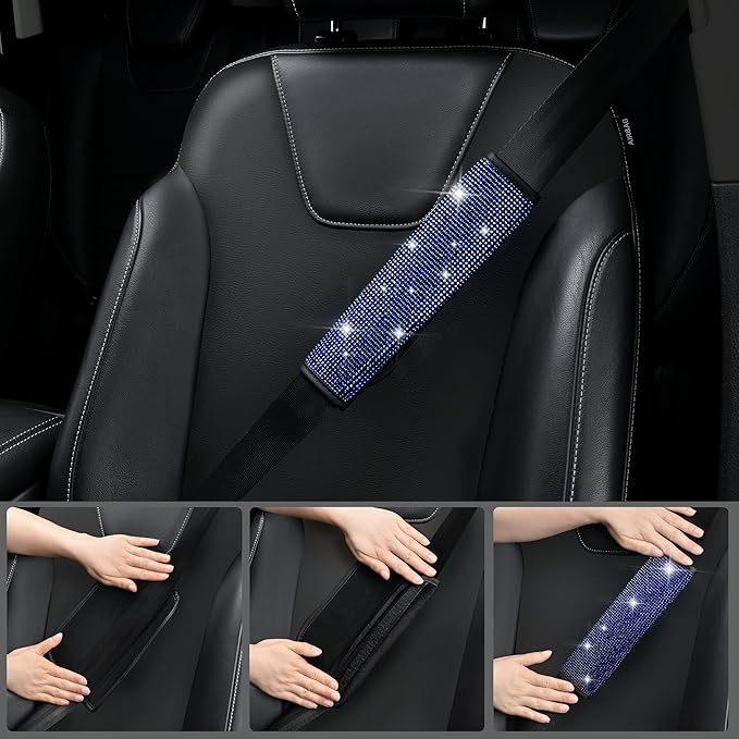 CAR PASS 23 PCS Bling Diamond Car Accessories Set for Women, Leather Seat Covers Full Set Sparkly Rhinestone15'' Steering Wheel Covers Shining Diamond Floor Mats Cute Car Interior Sets,Blue