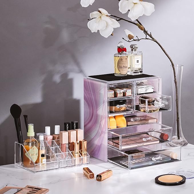 Sorbus Acrylic Makeup Organizer Set, 7-Drawer Vanity & Countertop Cosmetic Storage with Small & Wide Compartments, Tie Dye Ma