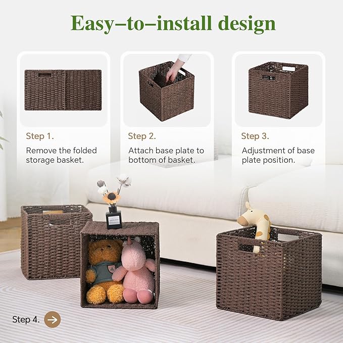 Woven Wicker Storage Baskets 2-Pack, 11x11 Handwoven Paper Rope Organizer Bins, Foldable Cube Storage Cubes with Built-in Han