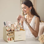 HBlife Makeup Organizer with Brush Holder for Vanity, Large Plastic Bathroom Countertop Organizer Skin Care Storage, Easy to 
