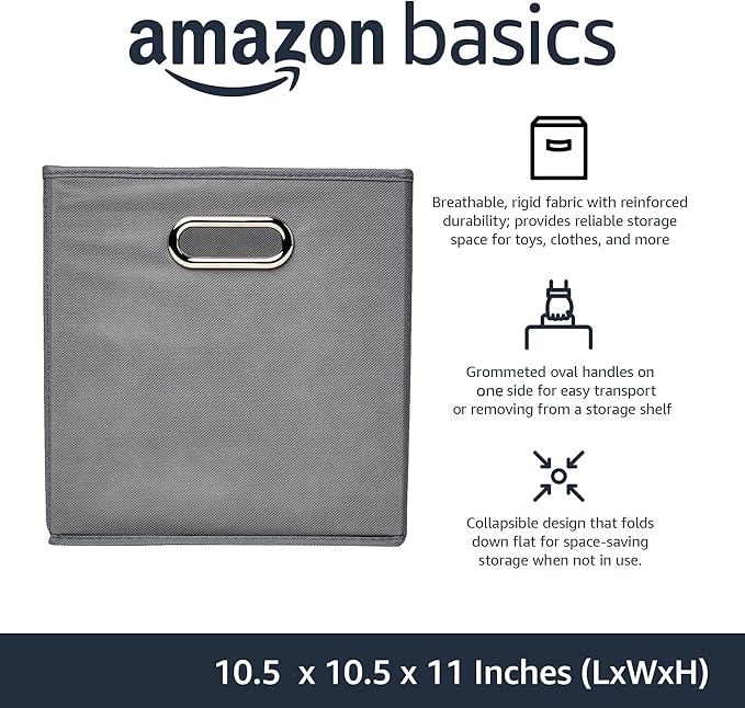 Amazon Basics Collapsible Cube Storage Bins, Space-Saving, Organizing Fabric Bins with Handles, 10.5 x 10.5 x 11 inches, Ligh