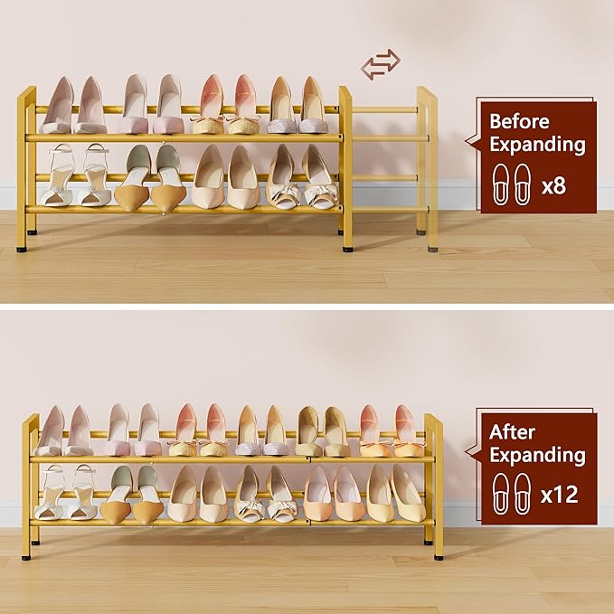 FAVOOSTY 2-Tier Expandable Shoe Rack, Adjustable Shoe Shelf Storage Organizer Space Saving Metal Free Standing Shoe Rack for 