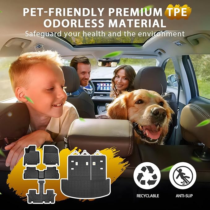 Powerty Floor Mats for 2020-2025 Kia Telluride 7/8 Passenger Car Mats Accessories, All Weather TPE Custom 2-in-1 Cargo Liner Seat Back Covers Protectors Replacement (Floor Mat + 2-in-1 Trunk Mat)