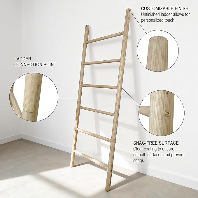 Wooden Blanket Ladder -77x24in Natural & Motley Wood - Leaning Wall Decor for Bedroom, Bathroom, Living Room - Rustic Quilt H