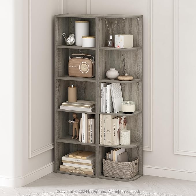 Furinno Reed Corner Shelf, 5-Tier Corner Bookshelf, Book Shelf, Corner Shelves, Storage Rack, for Organization and Storage, H