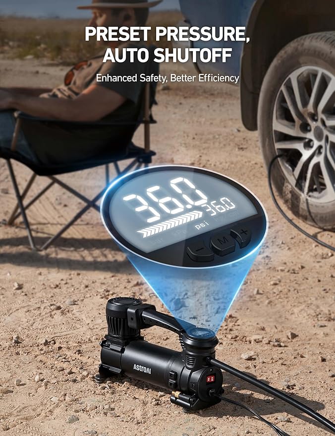 AstroAI T4 Heavy-Duty Air Compressor Truck Tire Inflator with 1.97CFM Auto Shutoff 12V, 120PSI Digital Screen with Alligator Clips, LED Light for Pickup, Truck, SUV RV for Up to 33 Inch Tires