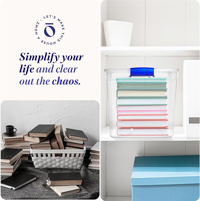 HOMZ 4-Pack 31 Quart Latching Lid, Clear Plastic Storage Organizer Bins, Blue – Stackable Containers for Home & Office Shelve