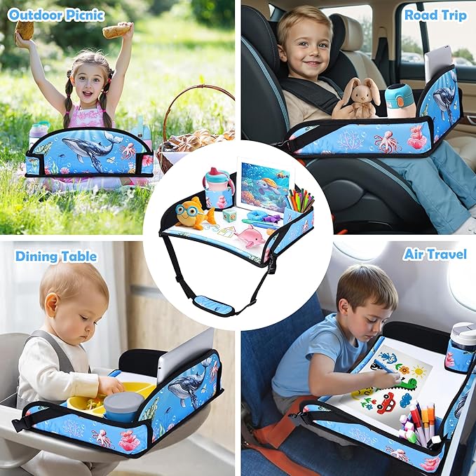 Kids Travel Tray for Toddler Carseat, Road Trip Activities Essentials for Toddler, Kids Lap Desk Tray with Tablet Holder Stand ＆ Dry Erase Board (Whale)
