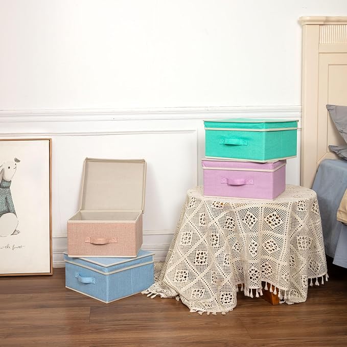 Storage Bins with Lid, Foldable Clothing Storage Box case with Handle for Closet, Bedroom, Home, 4 Color Set B, 13L x 12.5W x