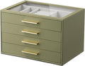 Jewelry Box Organizer Case for Women: 4-Layer Jewelry Storage Case with Glass Window, Olive Green Leather with Cream Velvet, 