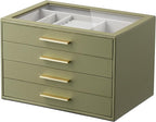 Jewelry Box Organizer Case for Women: 4-Layer Jewelry Storage Case with Glass Window, Olive Green Leather with Cream Velvet, 