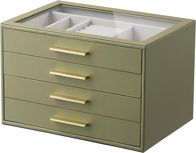 Jewelry Box Organizer Case for Women: 4-Layer Jewelry Storage Case with Glass Window, Olive Green Leather with Cream Velvet, 