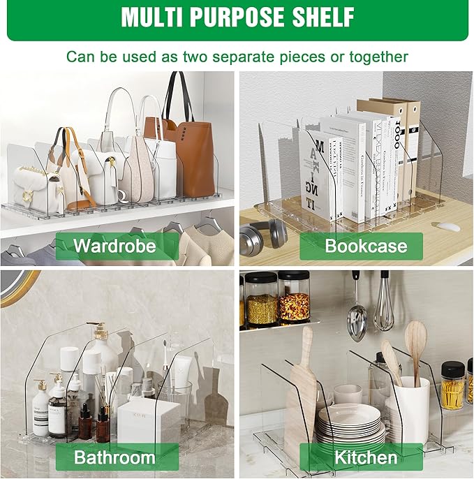 Bag & Purse Organizer for Closet, 4 Sets Adjustable Clear Handbag Storage Shelf, Plastic Clutch Dividers for Closet Organizer
