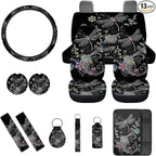 Dragonfly 13 Pcs Auto Seat Cover Sets Steering Wheel Cover Seatbelt Pad Floral Armrest Cover Pad Cup Holders Keychain Chapstick Holder for SUV Van Sedan Truck