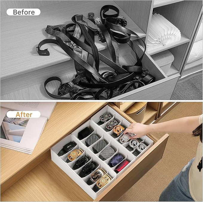 3 Packs Fabric Belt Organizer, 6 Grids Belt Organizer for Closet and Drawer, Foldable Dresser Drawer Organizers, Tie Holder -