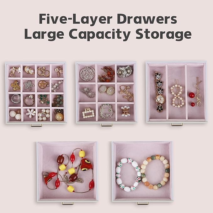 Kendal Jewelry Box, 6-Layer Jewelry Storage Organizer for Necklace Bracelet Rings Watch, 10.2"x8.2"x6" Classic PU Leather 5 D
