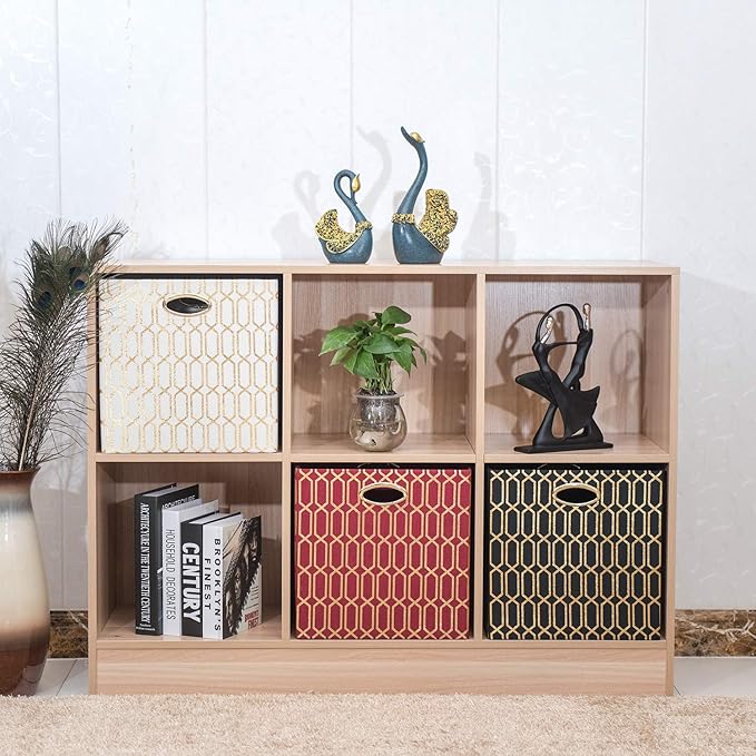 Posprica Storage Bins, Storage Cubes, 11×11 Fabric Drawers Organizer Basket Boxes Containers (11×11×11/4pcs, Cream/gold geome