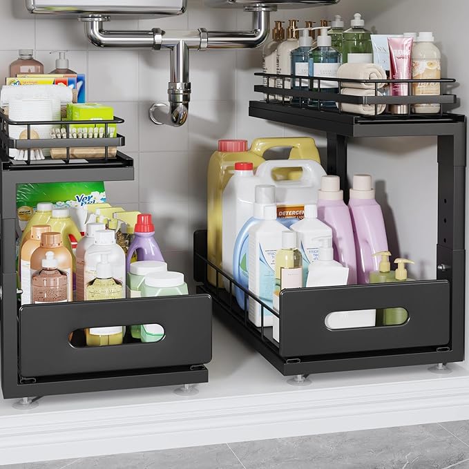 Under Sink Organizer Upgrade To Professional Rails,2-Tier Dual Pull Out Cabinet Storage,Height Adjustable Slide Out Drawers F