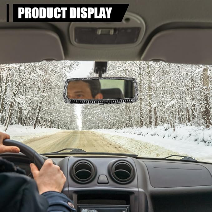 ZIMISI Bling Car Rear View Mirror, 10.51 Inch HD Glass Wide Angle Rearview Mirrors, Clip-on Crystal Diamond Panoramic Rear View Mirror Accessories, Bling Car Decorations for Women (Black)