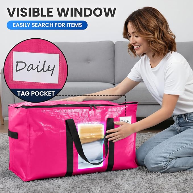 TAILI 8 Pack Pink Extra Large Moving Bags, Heavy Duty Totes with Visible Window, Wrap Around Handles, Space-Saving Storage, A
