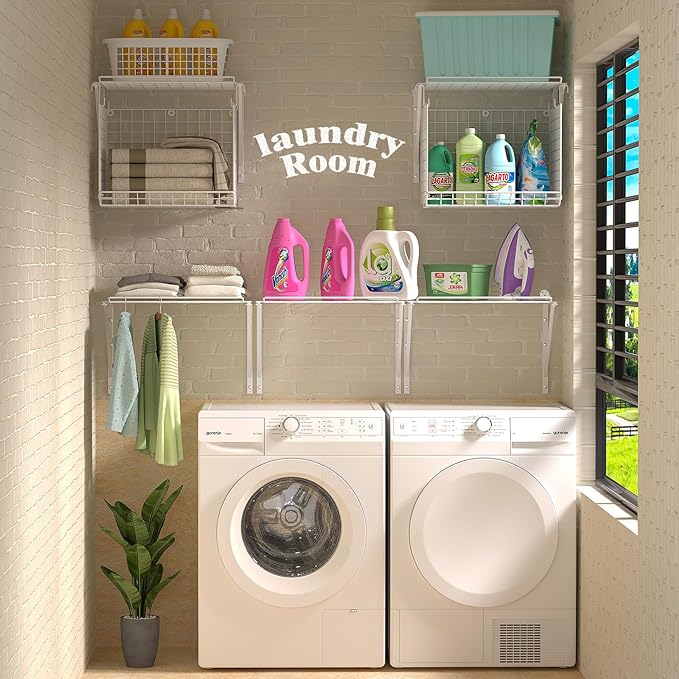 2 Pack Laundry Room Shelves Wall Mounted with Wire Baskets, Over the Washer and Dryer Shelf with Clothes Drying Rack, 8 Hooks