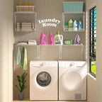 2 Pack Laundry Room Shelves Wall Mounted with Wire Baskets, Over the Washer and Dryer Shelf with Clothes Drying Rack, 8 Hooks