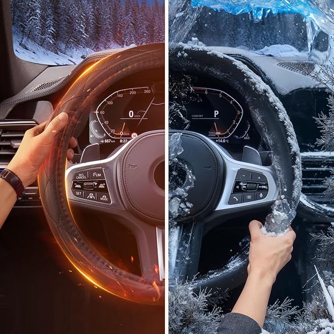 Heated Steering Wheel Cover - WARMITORY Luxury Steering Wheel Heater, 12V Quick Hand Warmer, 14.5-15 inches (Leatheret PU) (Jade Black)