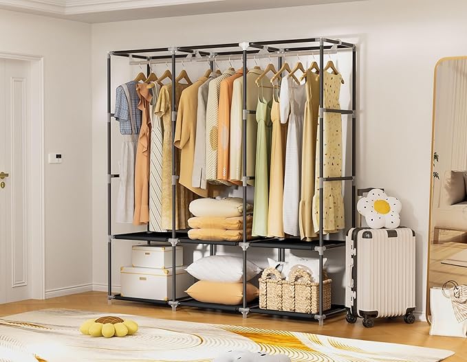 Neatrays Wardrobe Closet，Portable Closets for Hanging Clothes,Free Standing Clothes Rack with Cover & 3 Hanging rods & 6 Stor
