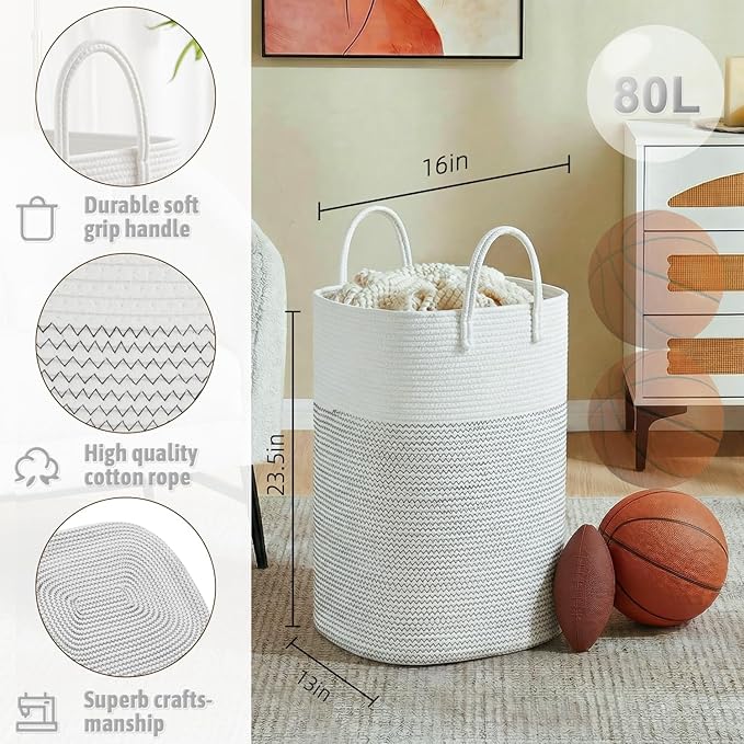 Laundry Basket,Woven Cotton Rope Laundry Hamper,Versatile Storage for Dirty Clothes,Baby Toys,and Blankets in Bathroom, Nurse