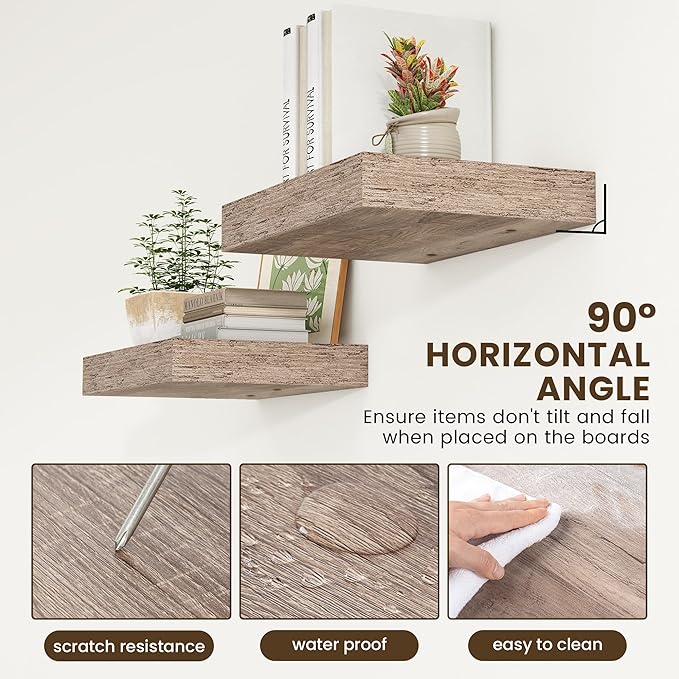 Deep Floating Shelves | 16 Inch Grey Floating Shelves Set of 2 | 12 Inch Deep Rustic Grey Wall Shelves | Deep Shelves for Liv