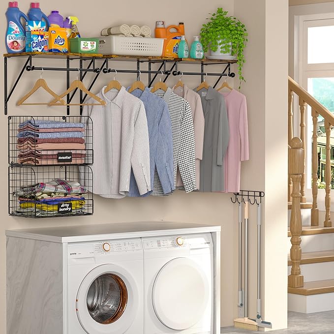 Laundry Room Shelves Wall Mounted with Wire Baskets, Over the Washer and Dryer Shelf with Clothes Drying Rack, Wire Shelves B