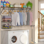Laundry Room Shelves Wall Mounted with Wire Baskets, Over the Washer and Dryer Shelf with Clothes Drying Rack, Wire Shelves B