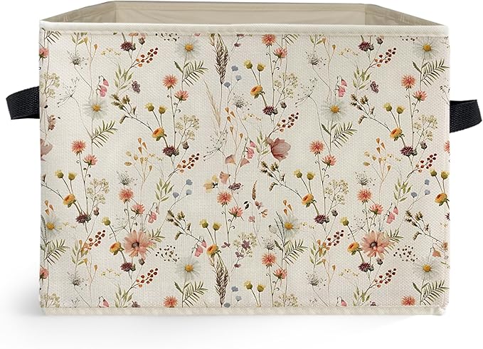 Rustic Floral Storage Box Bins, Vintage Wildflower Botanical Cottagecore Collapsible Storage Basket Organizer for Bedroom Lau