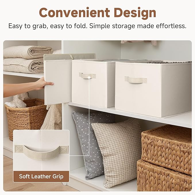 StorageWorks Fabric Closet Organizers and Storage Bin, Foldable Shelf Baskets for Organization and Storage, Beige, 3-Pack, Ex