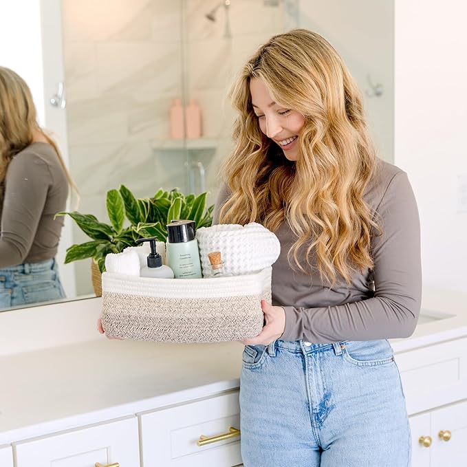 NaturalCozy 11.8"x8"x4.5” Storage Baskets for Shelves 3 Pack | Cotton Rope Woven Small Baskets for Organizing | Small Storage
