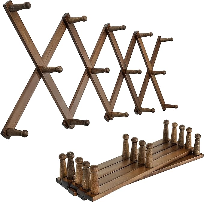 SKOLOO Hat Rack for Wall with 14 Hooks, Pack of 2, Solid Wooden, Modern, Expandable Coat Rack Wall Mount for Coats, Hats, Bag