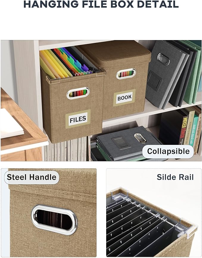 Oterri Hanging Filing File Box with Mesh Pocket, File Organizer Box with Lid, Collapsible Document Organizer Box for Letter S
