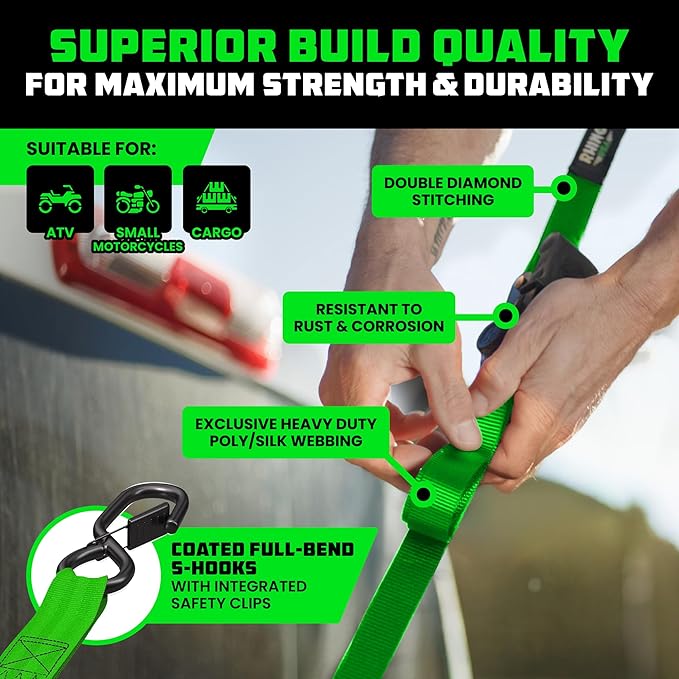 Rhino USA Retractable Ratchet Straps (2-Pack) - 1 Inch x 10 Feet (1,209lb Break Strength) - Auto Self Retracting Tie Down Straps for Truck, Cargo Trailer, Motorcycle, ATV, UTV - Green