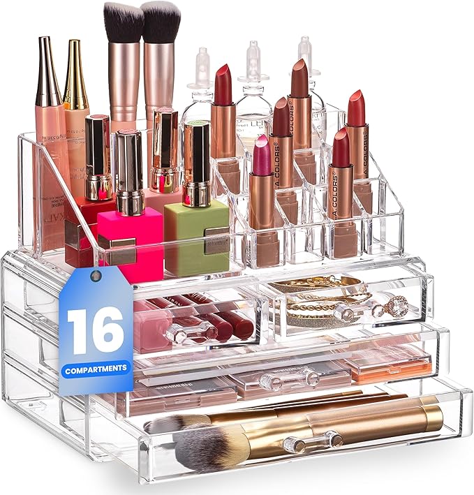 Masirs Clear Makeup Organizer - 16-Compartment Cosmetic and Jewelry Holder with 4 Drawers - Vanity Storage Box for Makeup, Sk