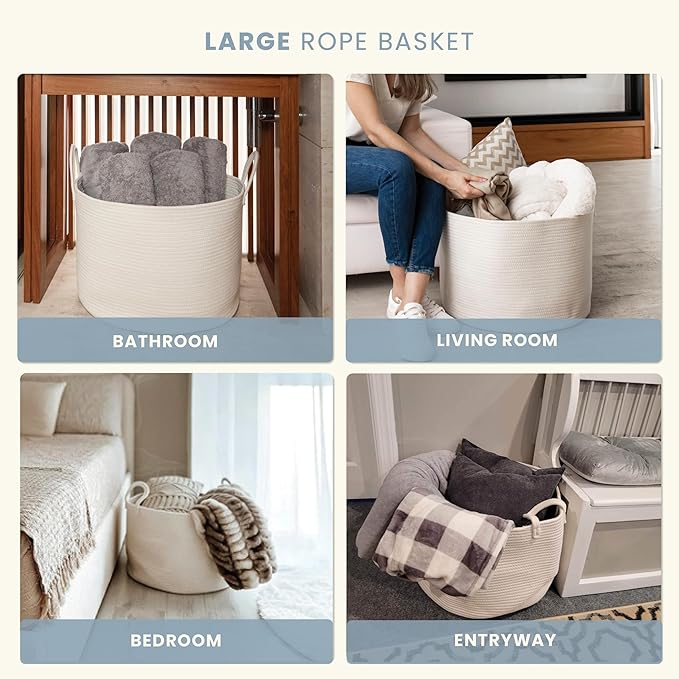 OrganiHaus Large Woven Storage Basket for Blankets and Toys 20" x 13" Inch, Rope Laundry Basket with Handles, Cushions & Pill