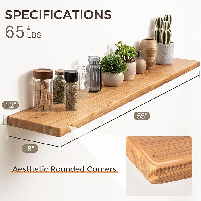 Fun Memories 55 Inch Wood Floating Shelves, Natural Elm Wood Floating Shelf for Wall, 8 Inch Deep Wall Shelves for Home Stora