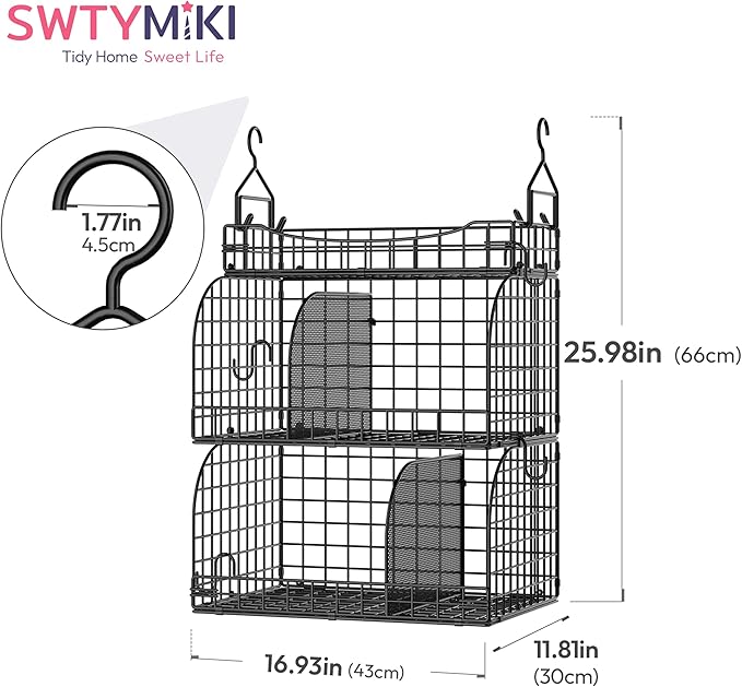 SWTYMIKI Hanging Closet Organizer Storage - 3 Tier Metal Stackable Hanging Closet Shelves with Dividers and S Hooks, Foldable